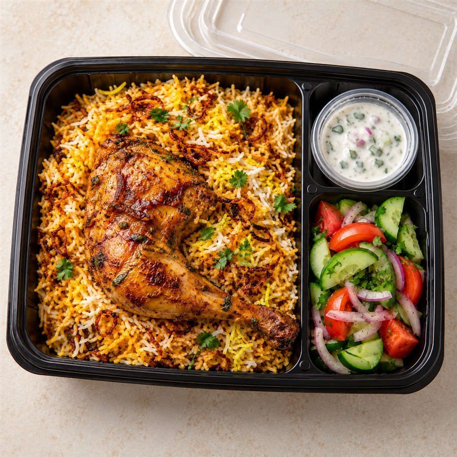 Chicken Biryani Box in a takeaway delivery container