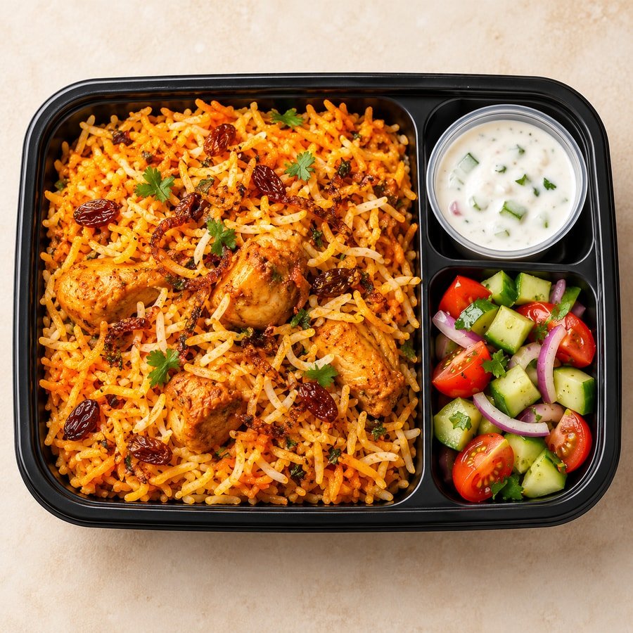 Chicken biryani with rice, a side salad and raita packed for delivery