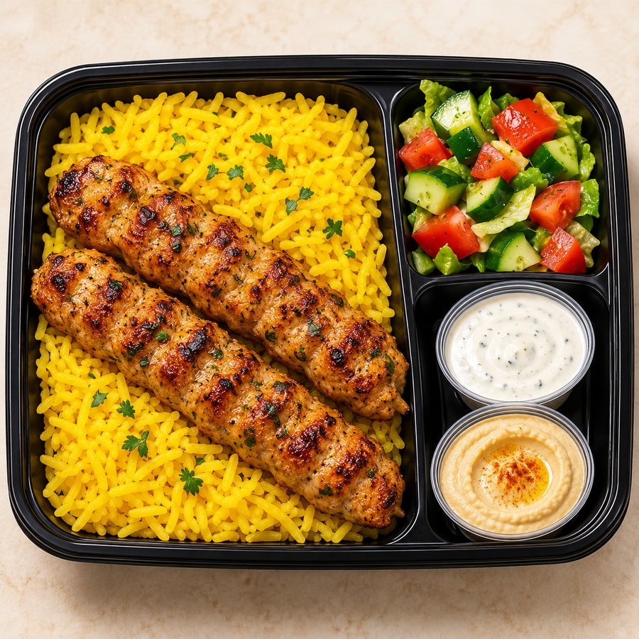Chicken Kebab in a takeaway delivery container