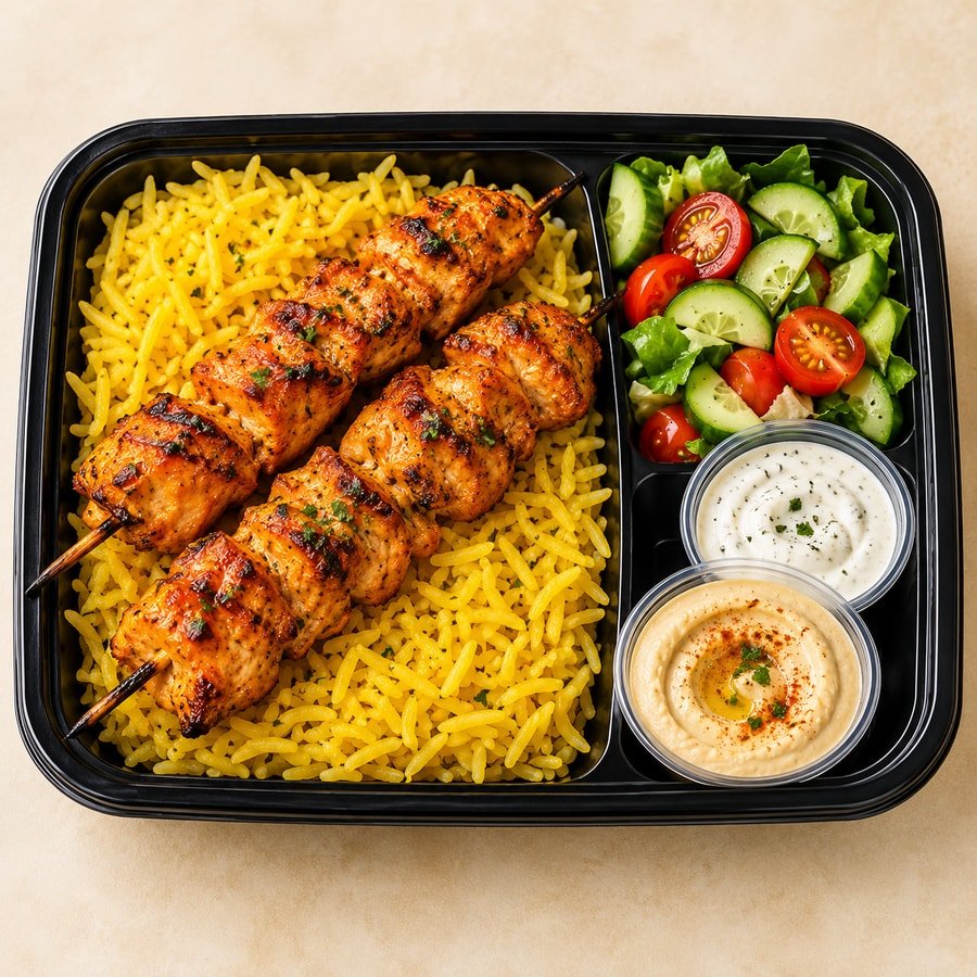 Chicken Shish Tawook in a takeaway delivery container