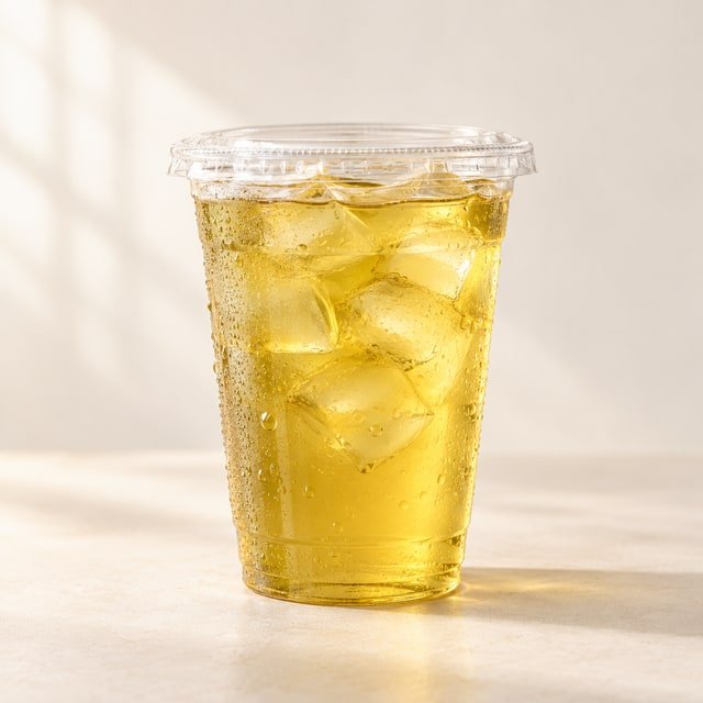 A takeaway cup of pale green tea with ice — AI-generated menu illustration
