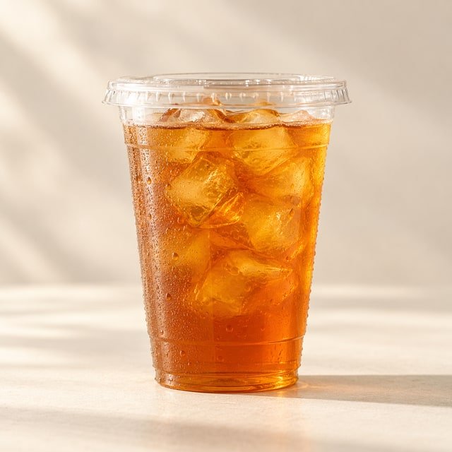 A takeaway cup of amber brewed tea with ice — AI-generated menu illustration
