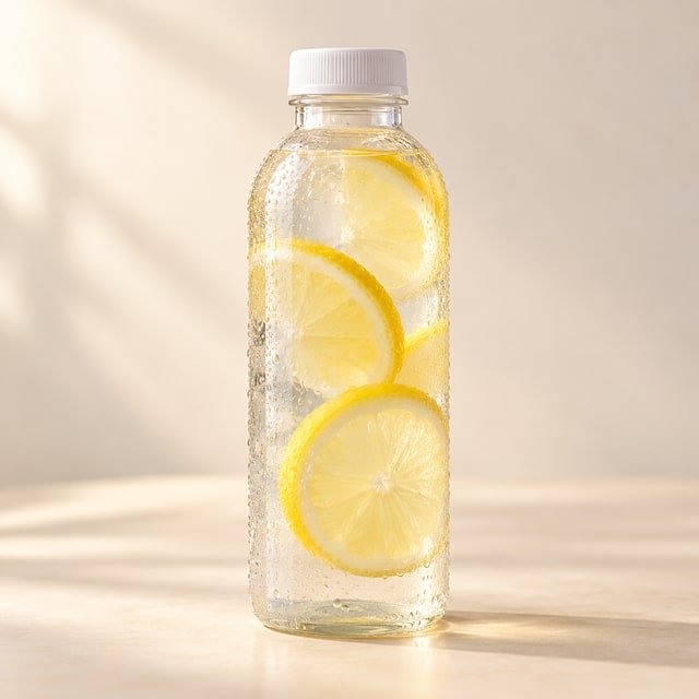 A clear bottle of water infused with lemon slices — AI-generated menu illustration