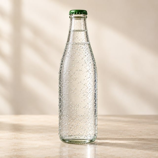 A clear glass bottle of sparkling water with bubbles — AI-generated menu illustration