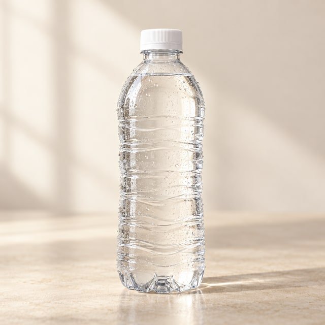 A chilled clear bottle of still water — AI-generated menu illustration