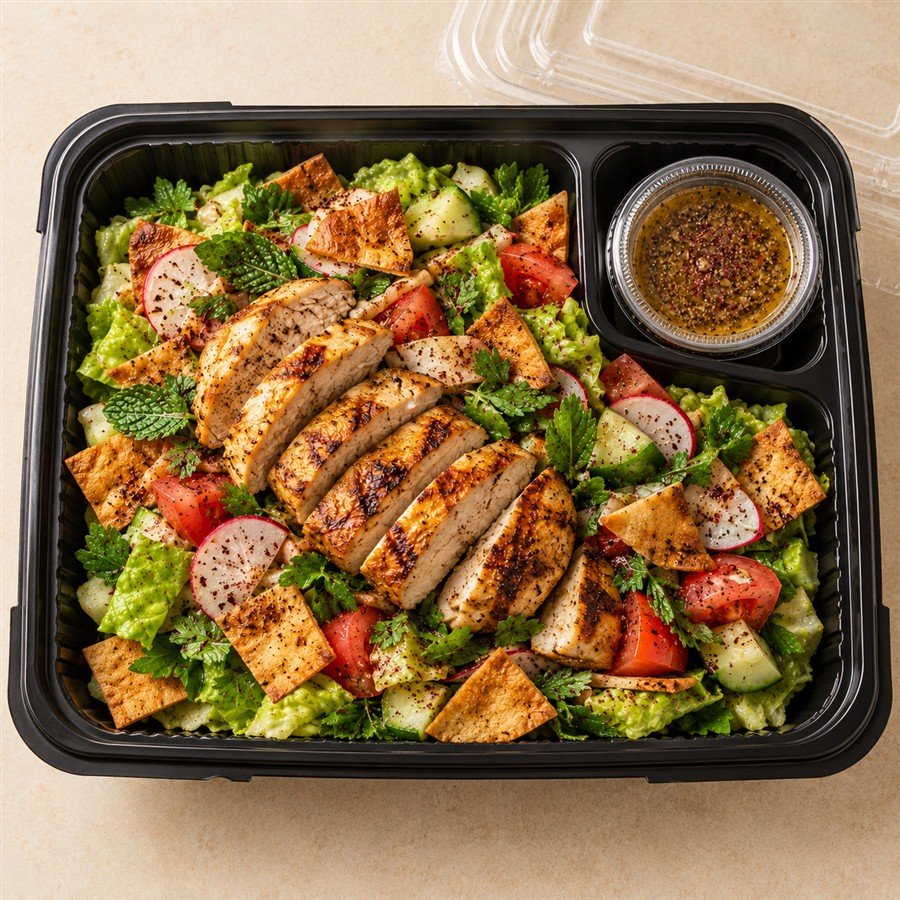 Chicken Fattoush Salad in a takeaway delivery container