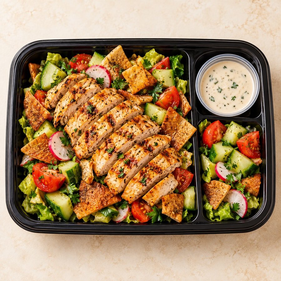 Chicken fattoush takeaway salad with grilled chicken and crunchy pita