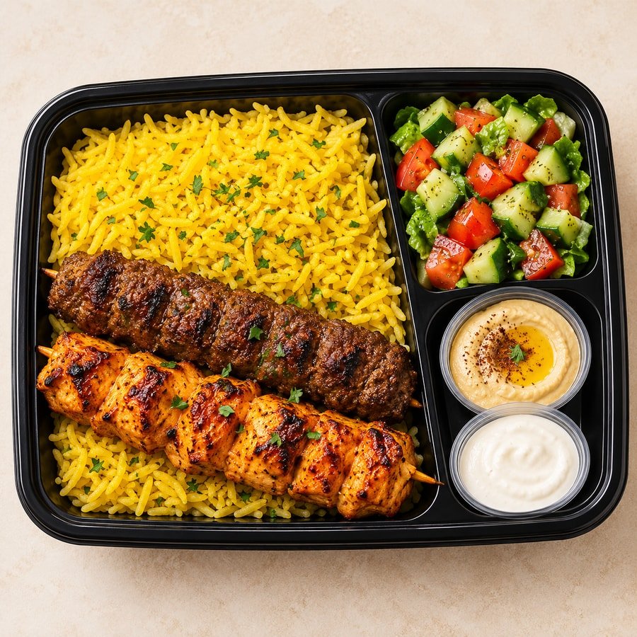 Mixed grill delivery box with rice, skewers, salad and dips
