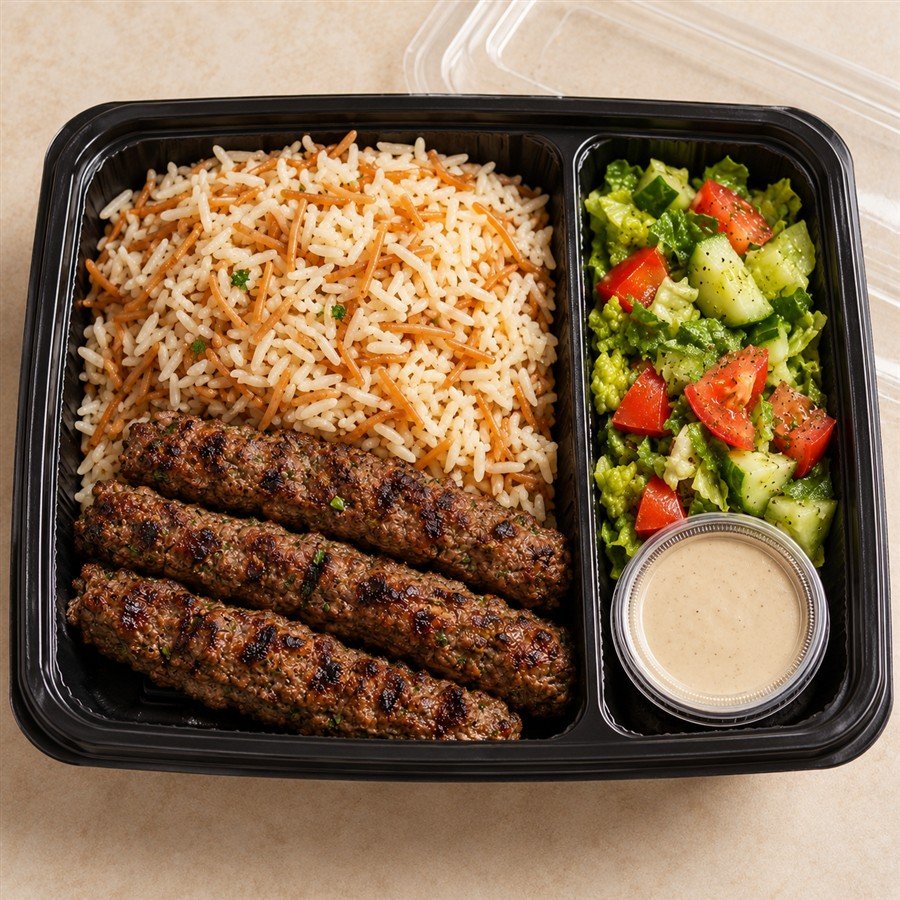 Kofta & Vermicelli Rice in a takeaway delivery container