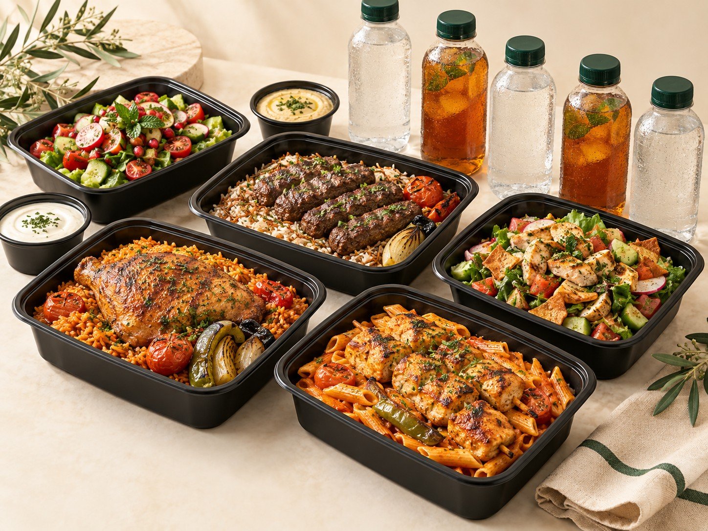 Assorted takeaway meals and unsweetened drinks for the Weekly Lunch package