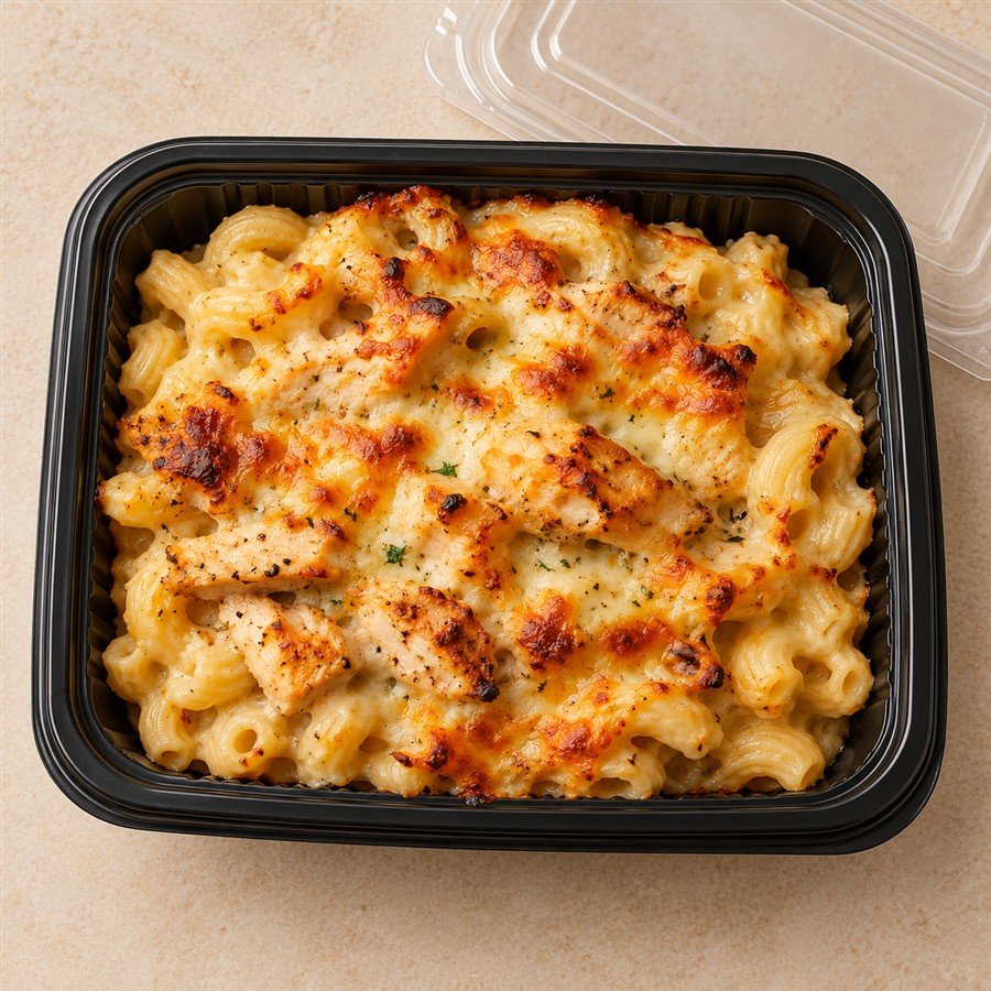 Chicken Béchamel Pasta in a takeaway delivery container