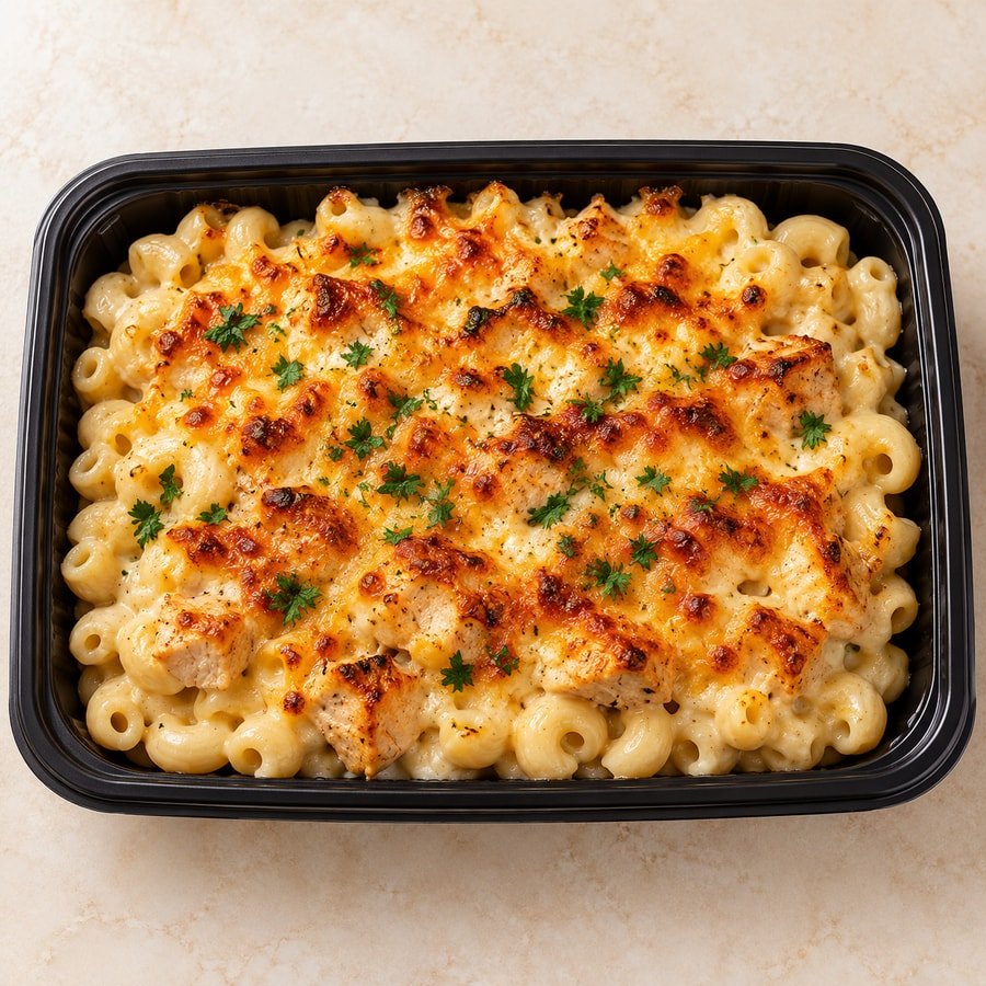 Golden baked chicken béchamel pasta in a black delivery container