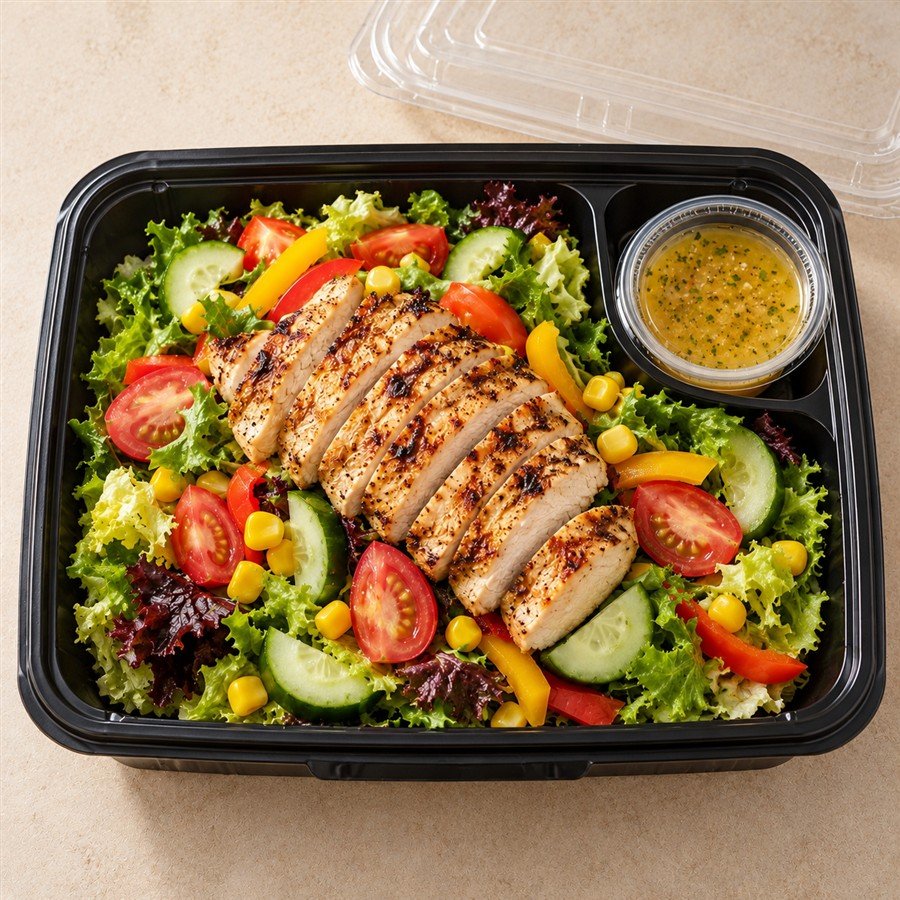 Healthy Chicken Salad in a takeaway delivery container
