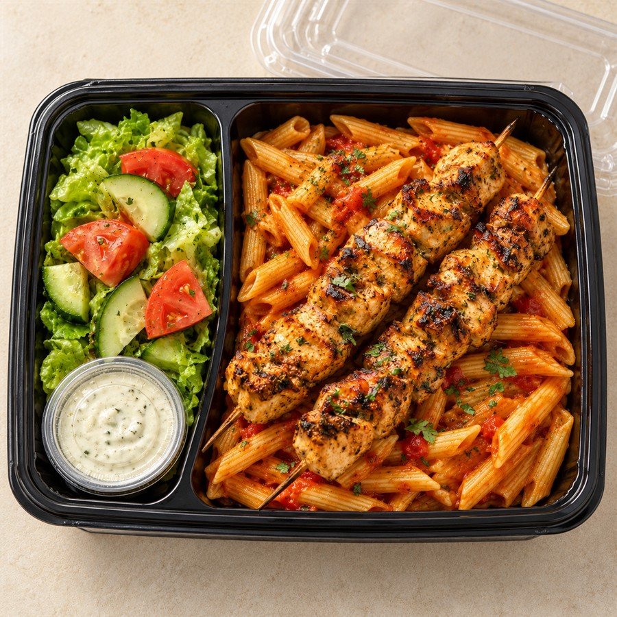 Tomato Pasta & Shish Tawook in a takeaway delivery container