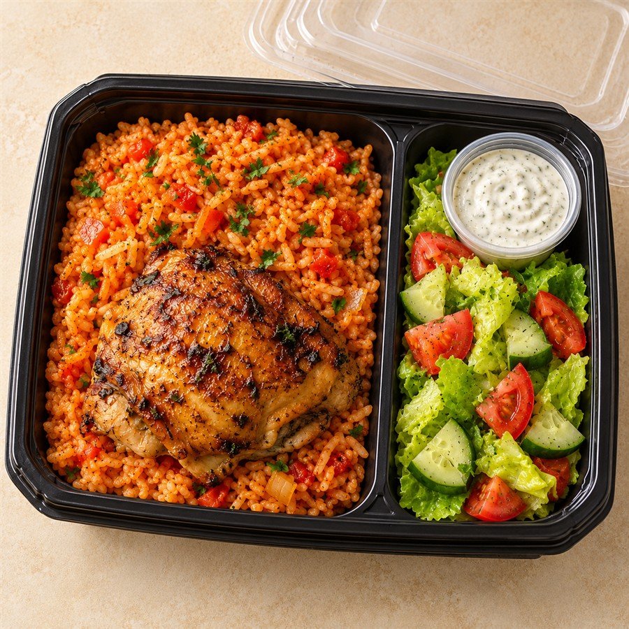 Tomato Rice & Chicken Thigh in a takeaway delivery container