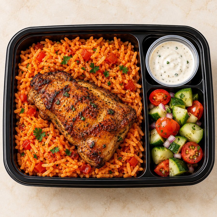 Tomato rice and chicken with salad and sauce in a takeaway lunch box